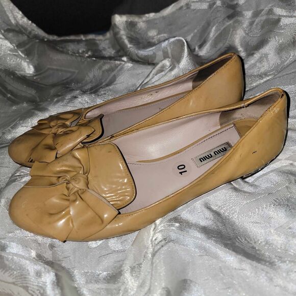 MIU MIU BALLET SOFT LEATHER BALLERINA STYLE FLATS BOW RHINSTONE HEEL ACCENT 10 - Picture 2 of 6